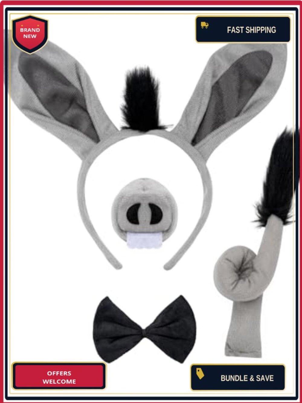 Donkey Costume Accessory Set Ears Headband Nose Tail Bowtie